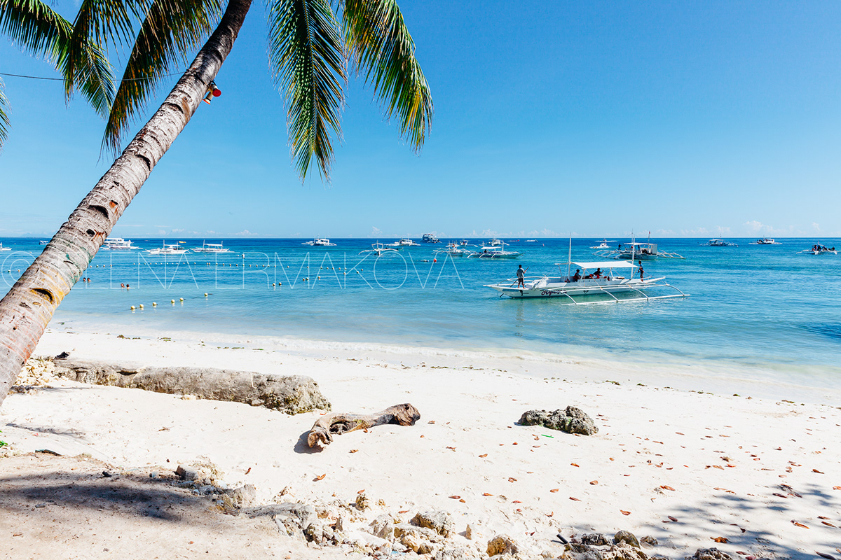 An idyllic view of the popular white sand Alona Beach located on Panglao Island, Bohol, Philippines
