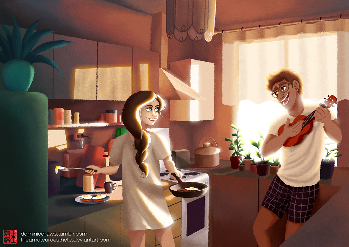 Love romance romantic couple MORNING breakfast kitchen gif DAWN light cooking ukelele life