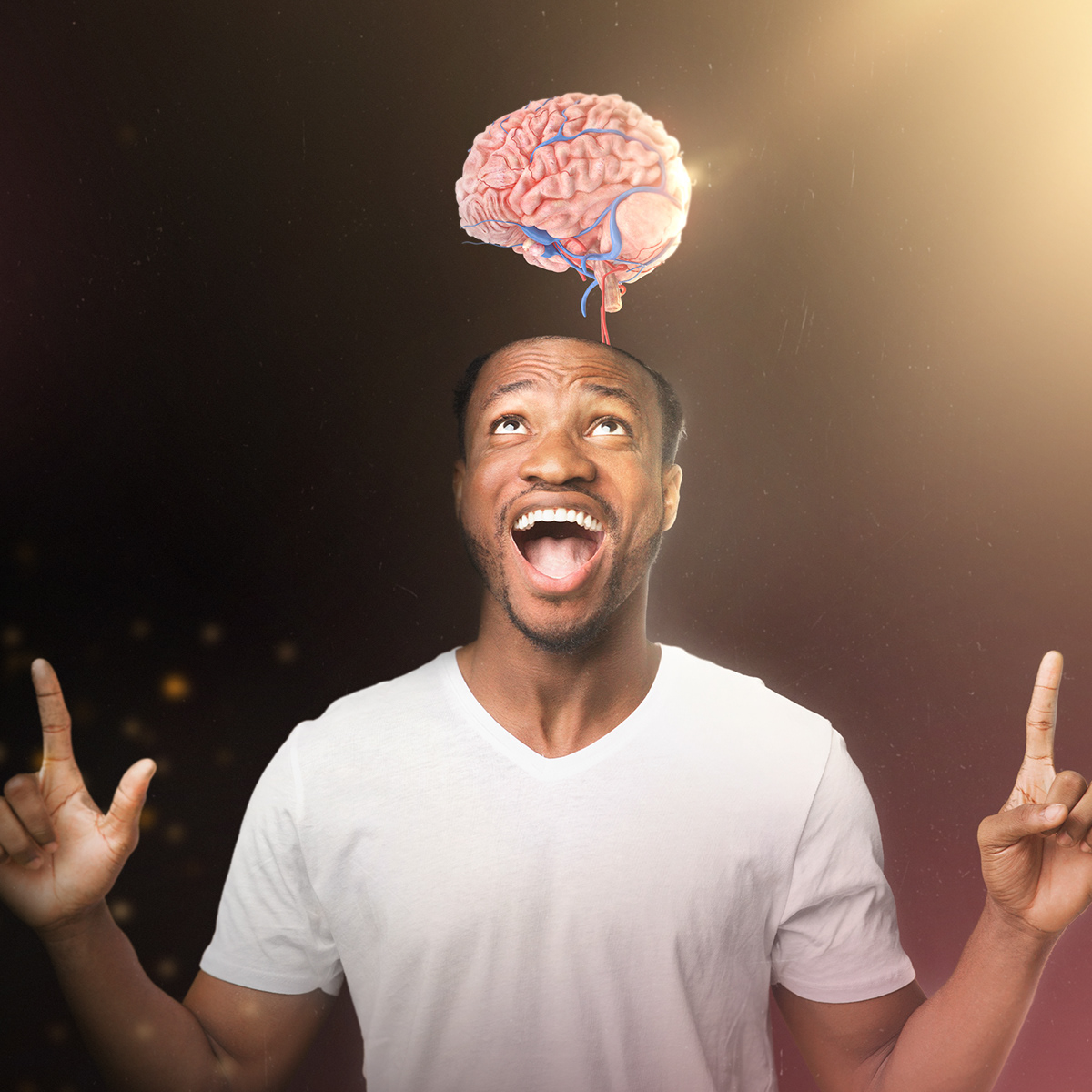 Black man extremely happy that his brain is flying!