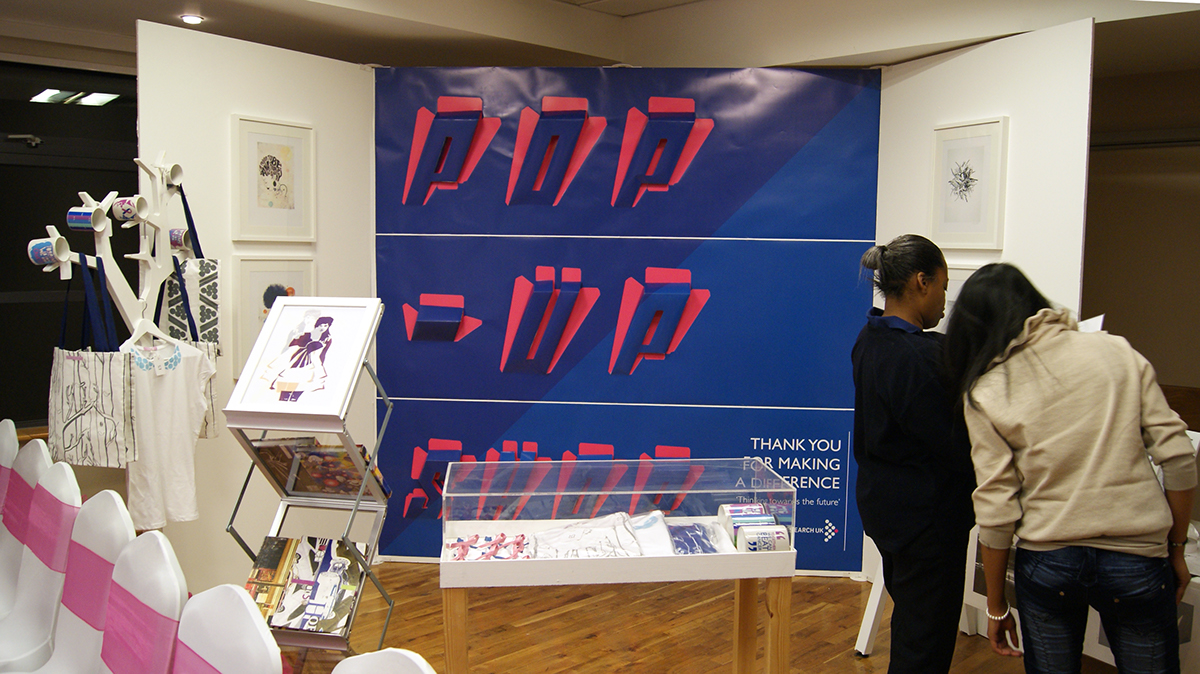 Arjun Harrison-Mann Alex Heron Cancer Research UK Pop-Up Shop 3D typography net information graphics leaflets Donation Evelopes banners posters