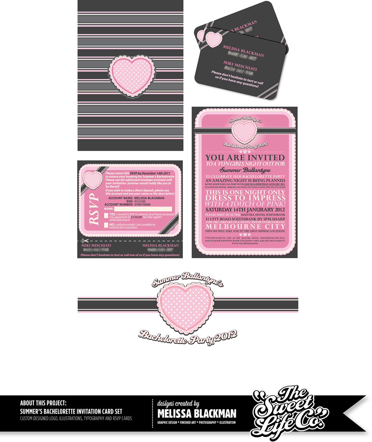 Summer’s Bachelorette invitation card set custom designed logo illustrations typography and rsvp cards