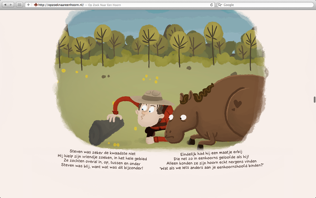 parallax Website unicorn eenhoorn mounty Canada Scrolling children's book Horn rainbow story