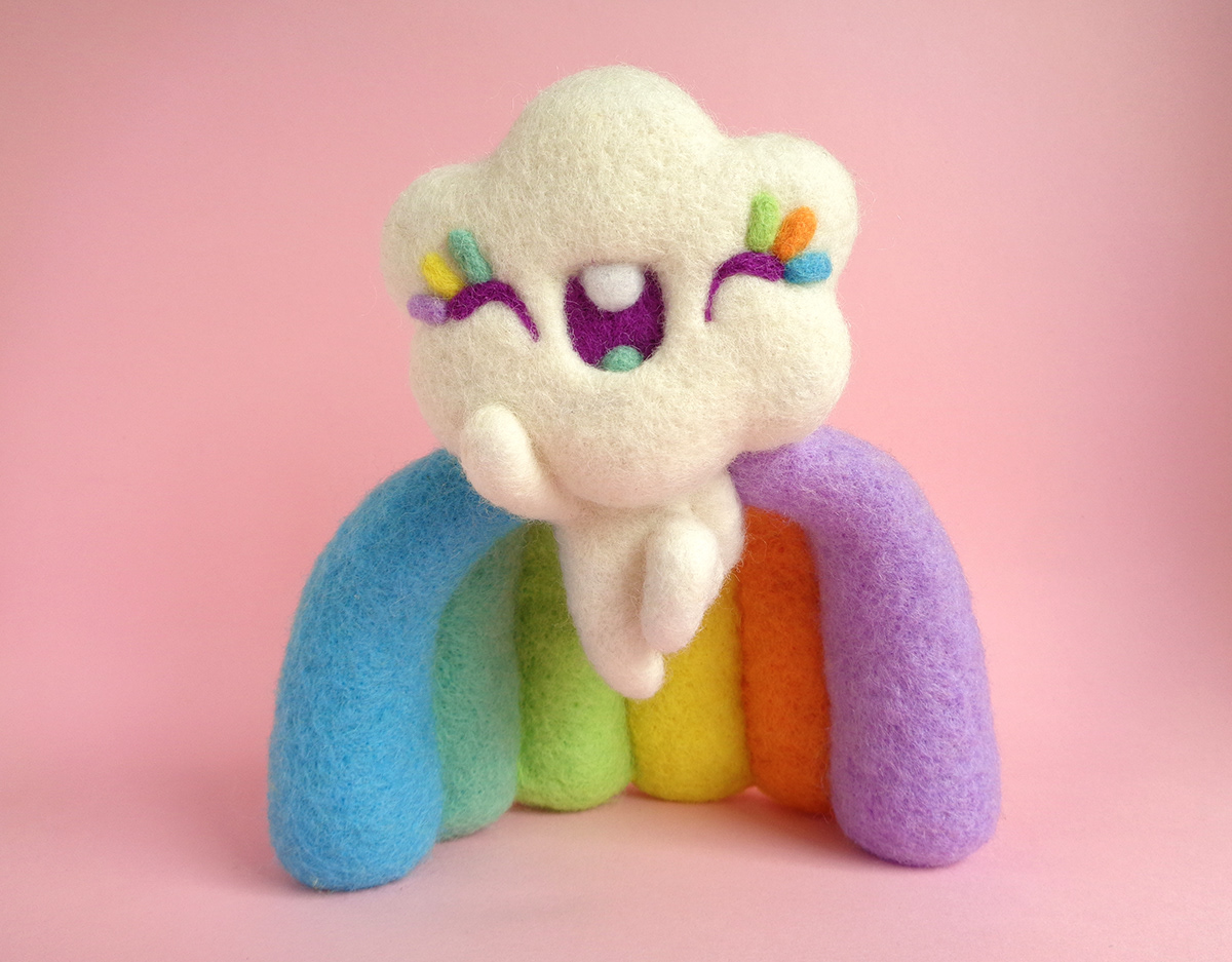 art toy droolwool Felt wool fiber art fiber art toy Needle Felting Rainbow cloud soft sculpture toy art Wool Art