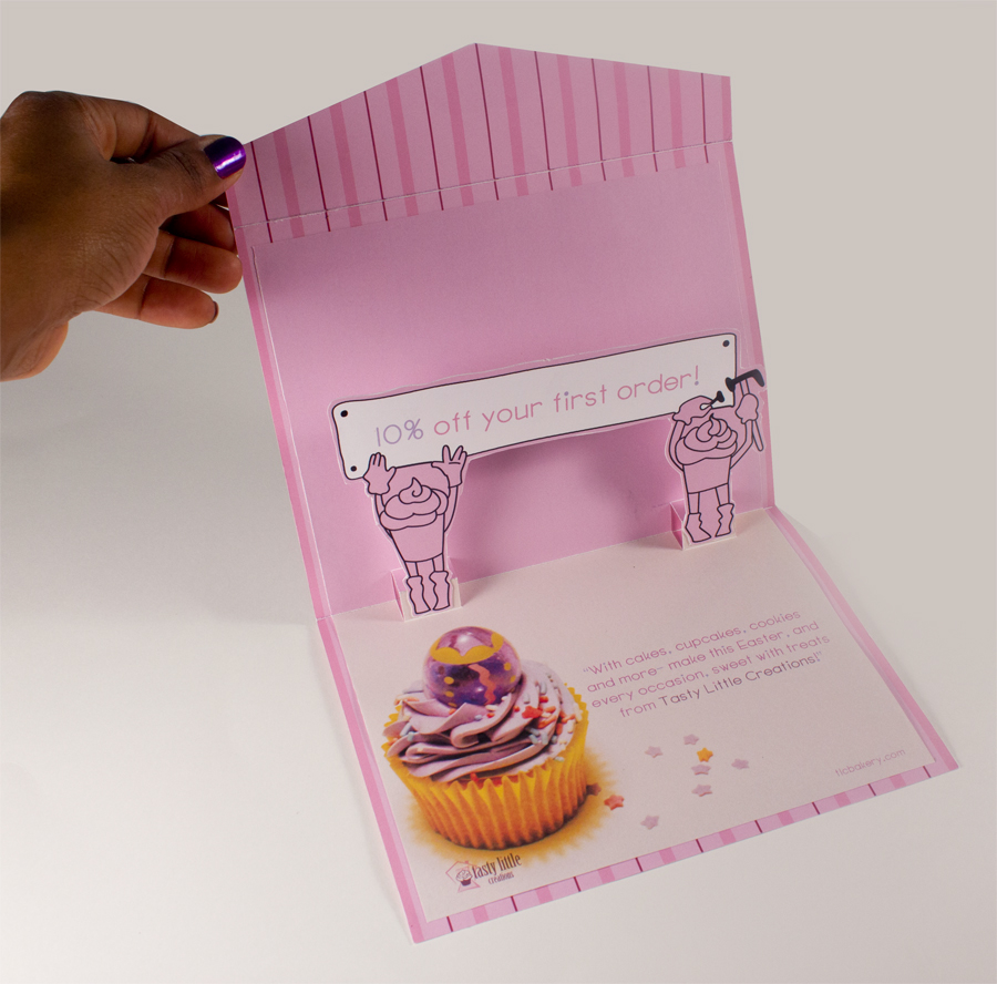 Promotional  print package misty marquis TLC tasty little creations pop up mailer Self Mailer