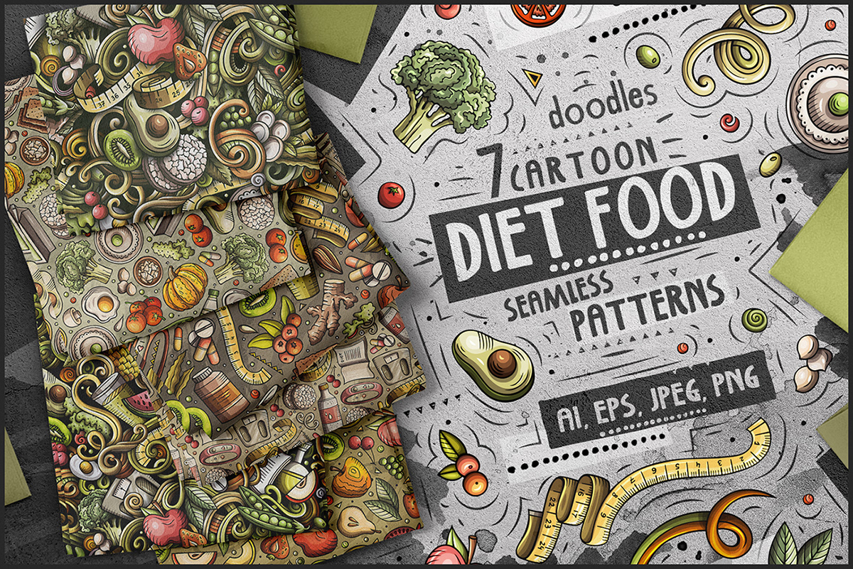 cartoon doodle creative market Diet Food dietic doodle doodle patterns Food  seamless patterns vegan food Vegetarian
