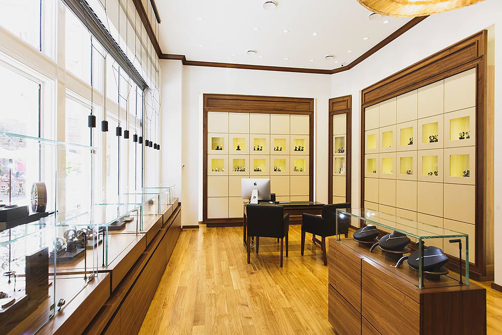 luxury Watches flagship store grevturegatan12 design Interior shop walnot Tree  glass