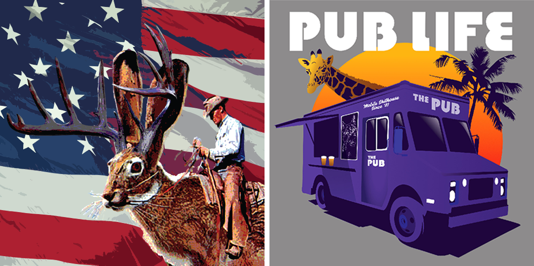 (left)cowboy riding jackalope in front of US flag, (right) Pub Life beer truck and FTW zoo giraffe.