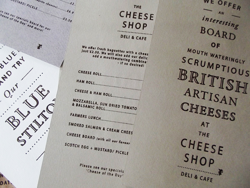The Cheese Shop Nottingham screen print rustic logo Cheese Promotional brown paper quirky mouse stamp menu design hand made deli cafe