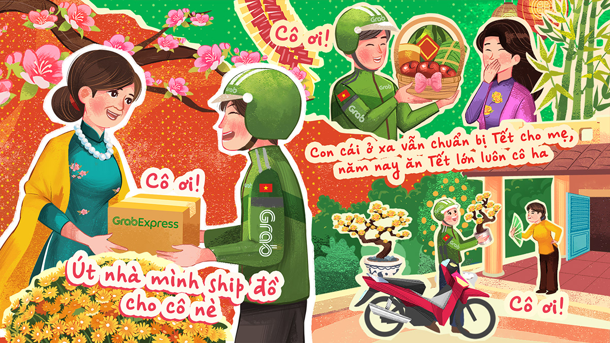Grab tet tết 2024 animation  media ILLUSTRATION  collage vietnam GrabExpress