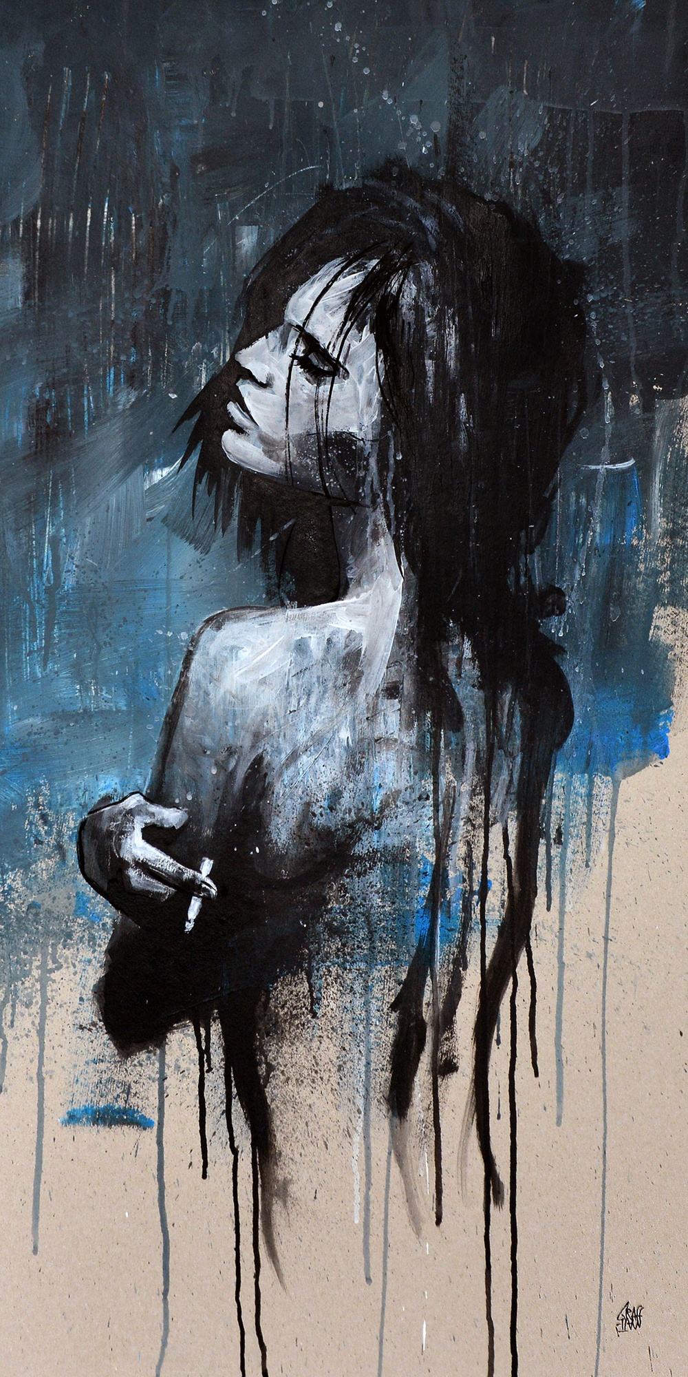 graffmatt model Character portrait human streetart blue ink dark nude contemporary art figure cigarette