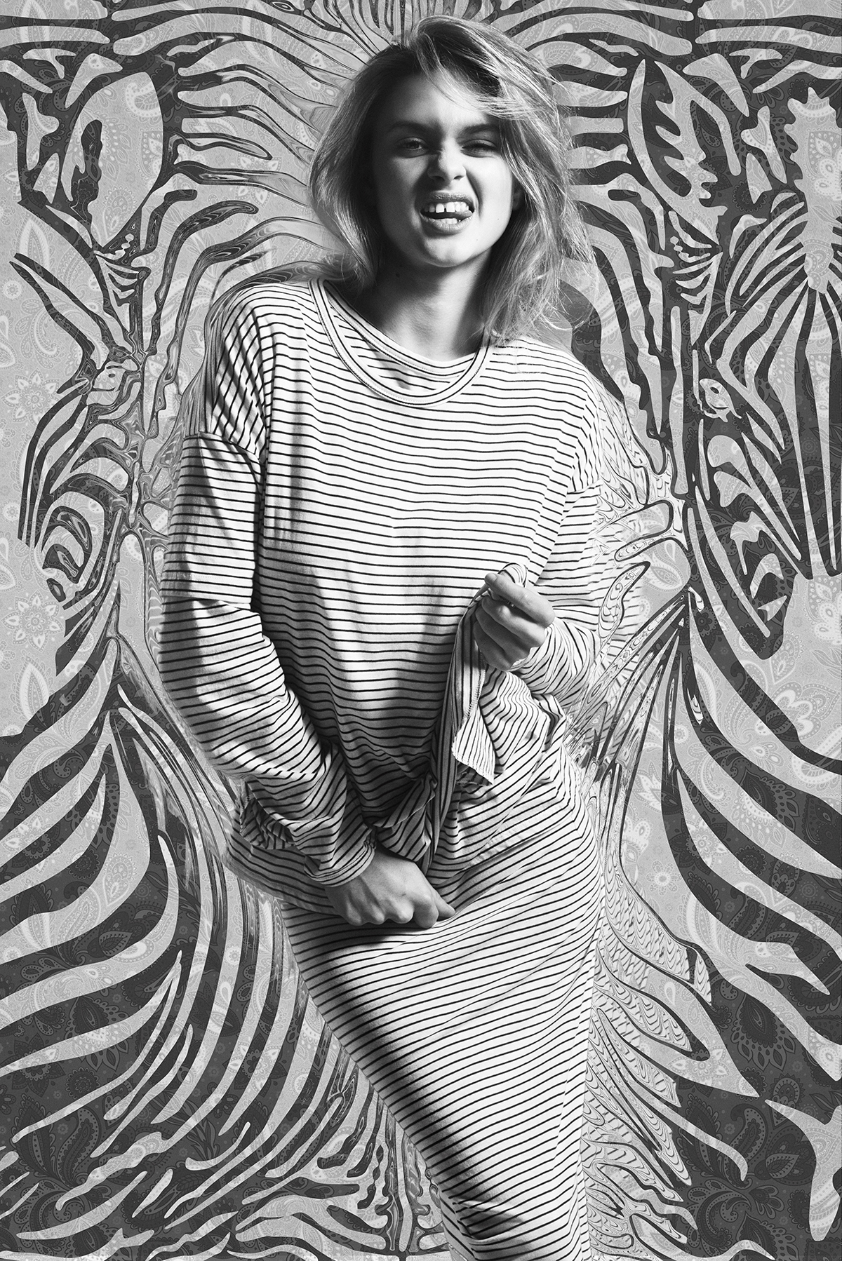 monochrome black White grey model psychedelic surreal photo story pattern mind trip styling  stylist warped