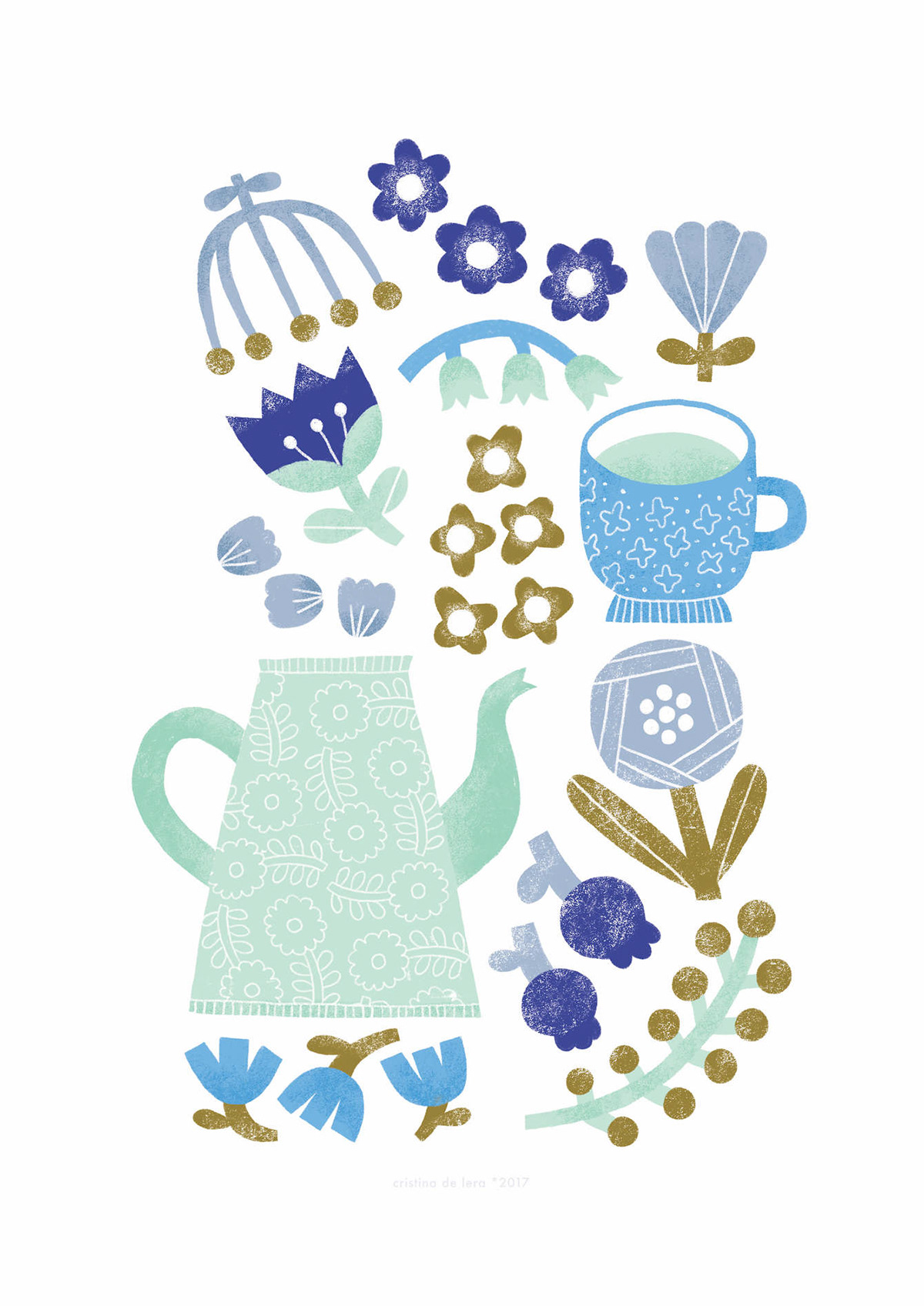 Coffee tea Flowers greeting card pastel
