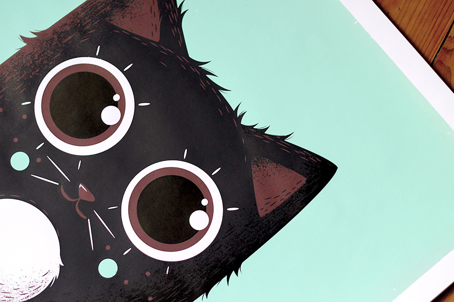 MKT4 sceen-print sérigraphie 4 couleurs animaux kawaï Chat Black Cat turquoise rose affiche illustration jeunesse