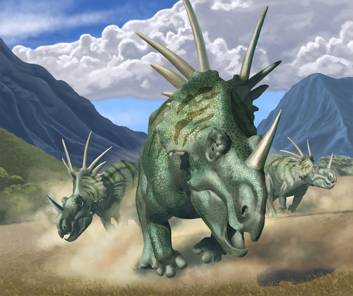 Dinosaur lizard horns Dino Styracosaurus charging running prehistoric