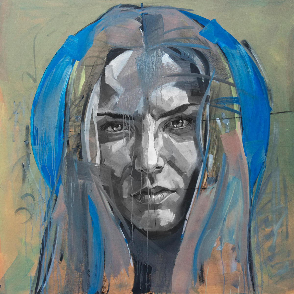 portrait female colour grey sad happy contemporary art