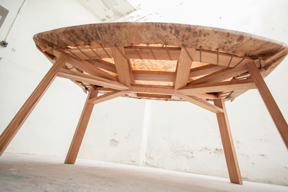 oak skin leather hide palaeo table dining