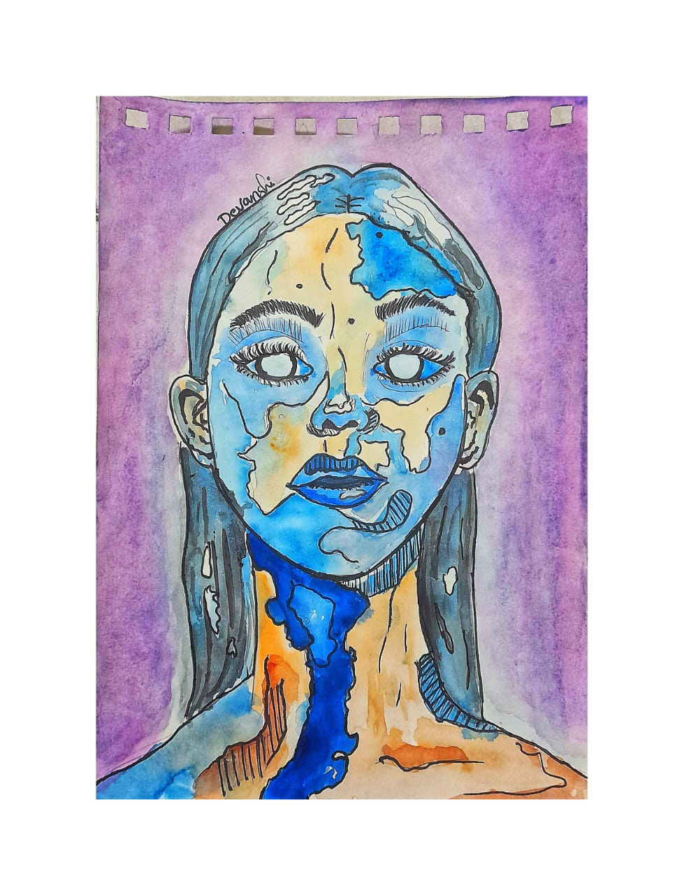 women blue watercolor sad painting   digital illustration Character design  sketch concept art soceity