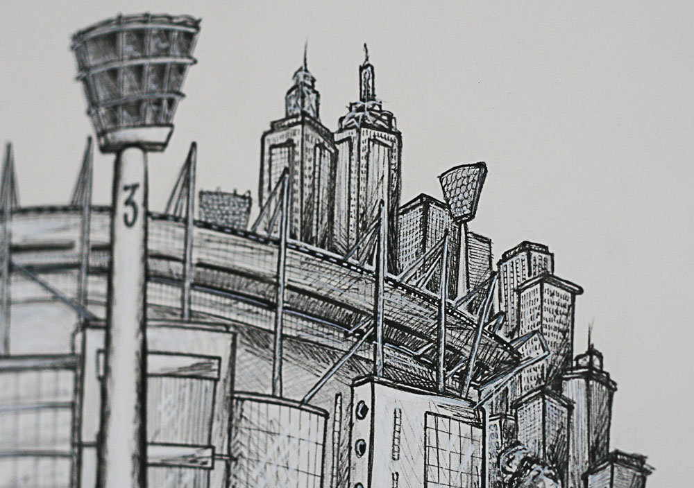 Melbourne mcg fitzroy illu illustrate draw Melbourne Cricket Ground tram city skyline kunst illustrasjon sinnsykshit larsen tegning