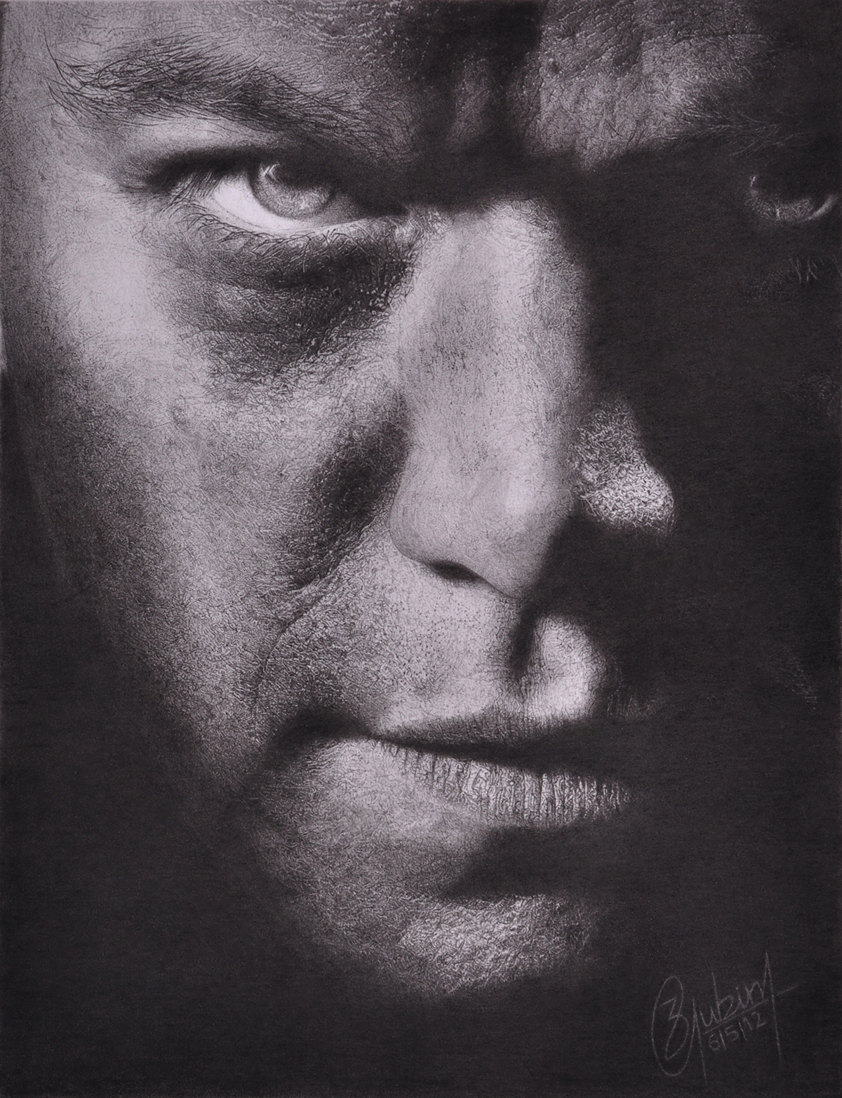 photorealism Jason Bourne charcoal powder portrait black & white Matt Damon hyperrealism monochrome celelbrity charcoal portrait