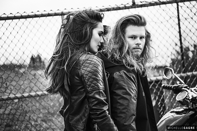 Montreal couple black and white leather biker long hair harley noise wind Urban Bike concrete Love