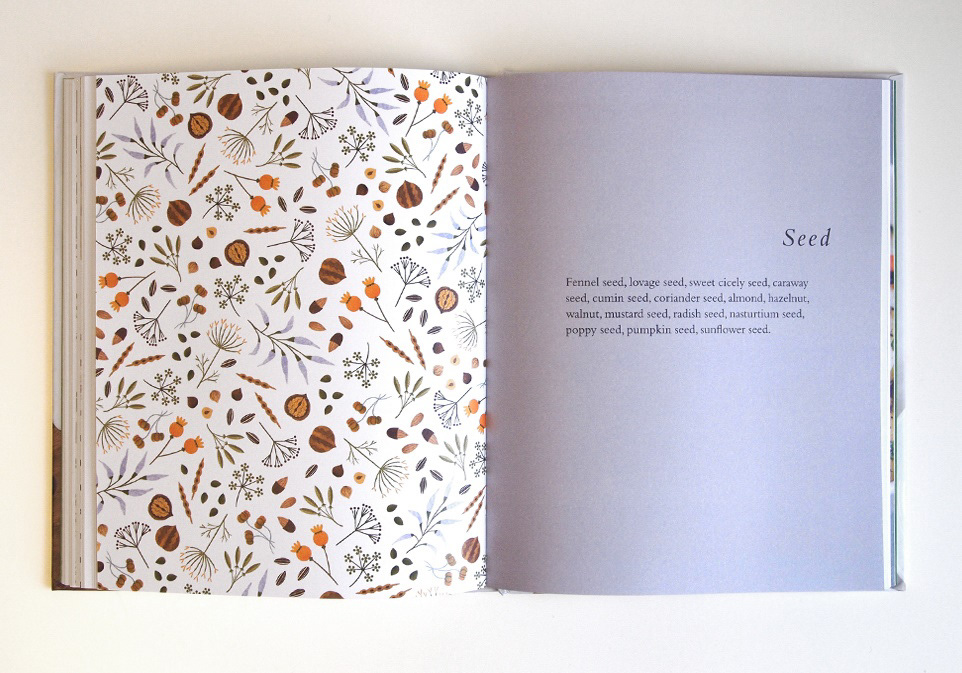 illustrated book spread with seeds pattern
