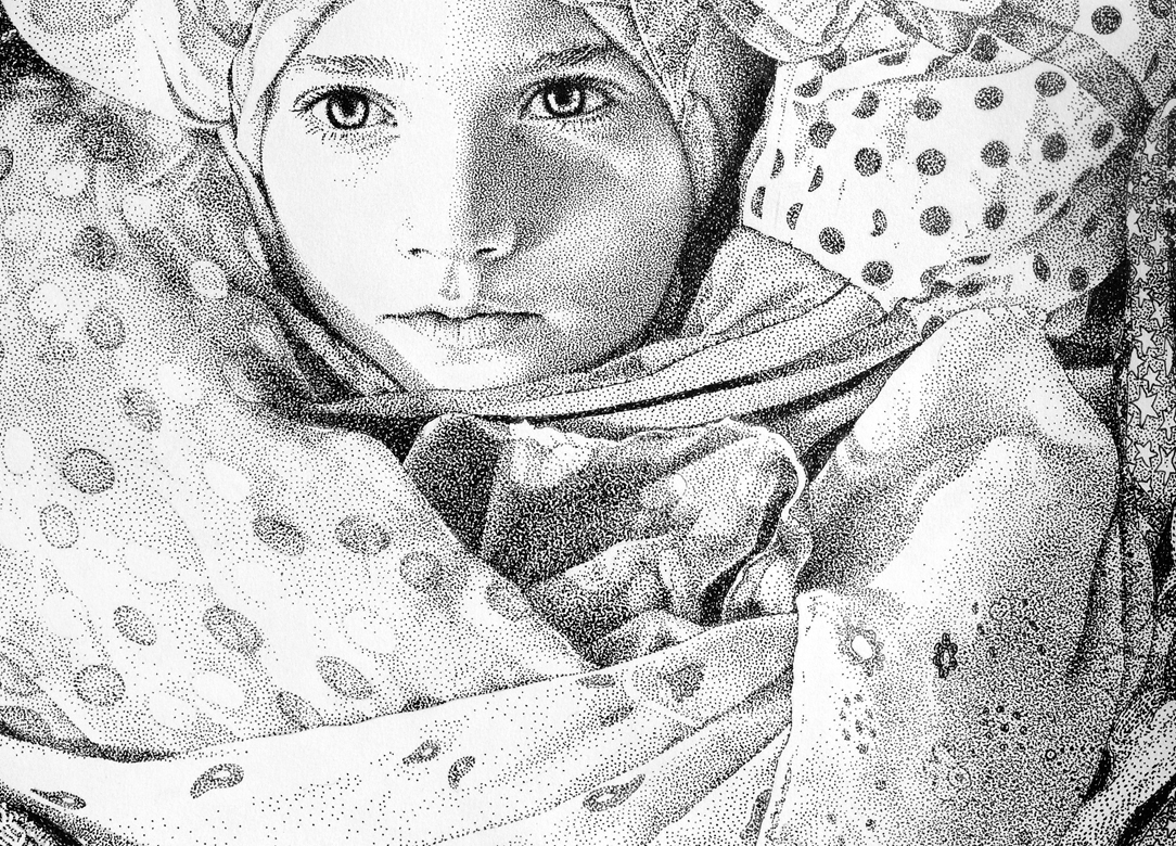 Pointillism stippling portrait black ink draw paper conceptual black & white dots art Realism face The Awakening children