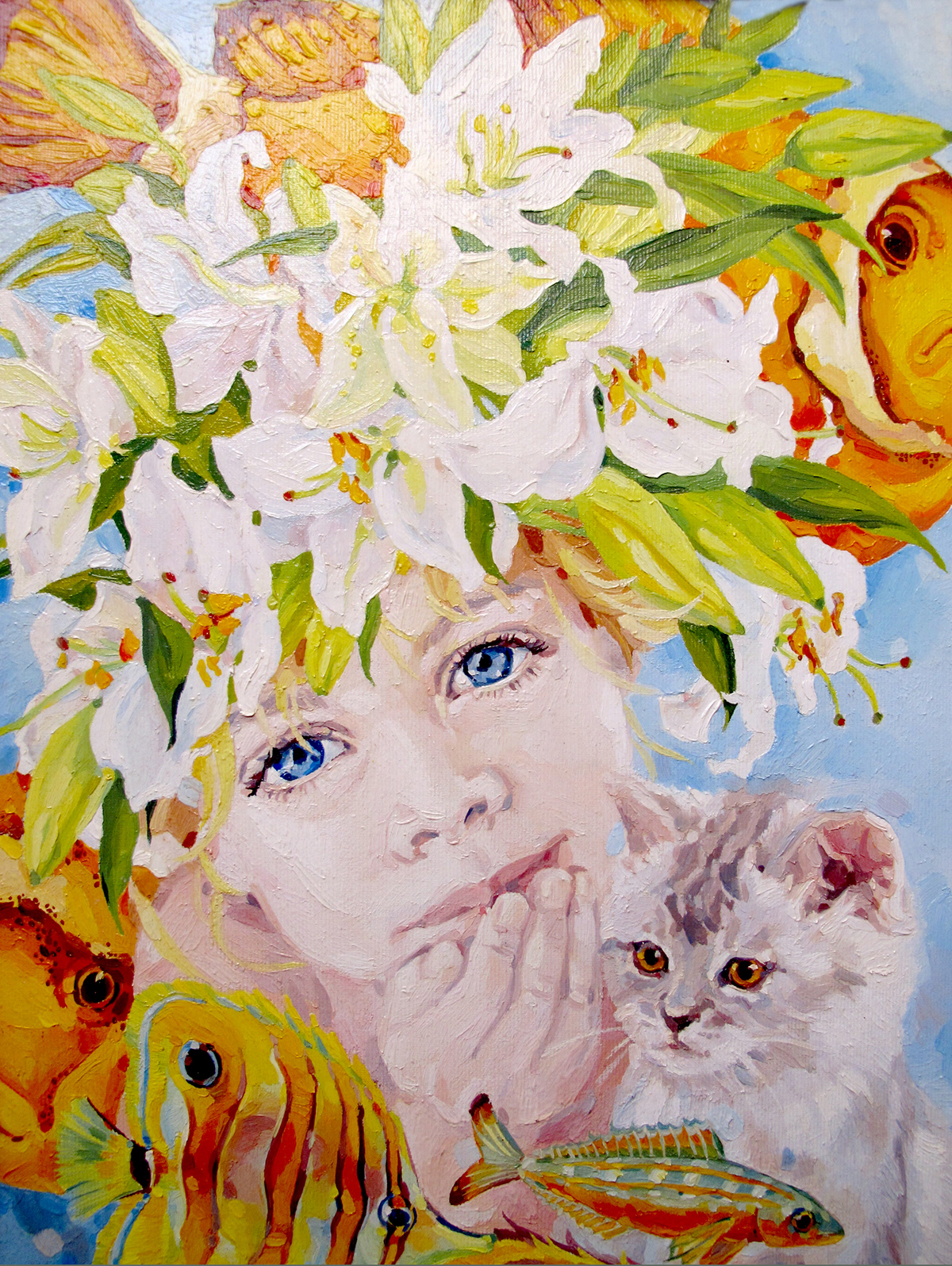 oil portrait Children's portrait  child portrait with Flowers portrait with butterflies Portrait of animals