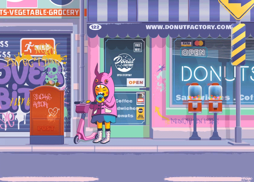 overbite Street vector art cartoon shop front donut cute Character