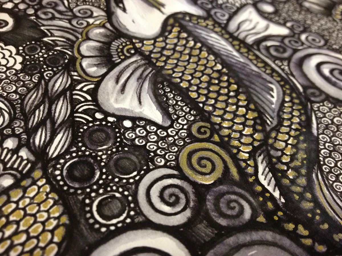 art design fish oriental pattern pen fineliner gold sketch book