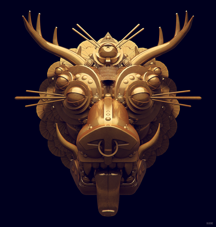 stuart wade diligence golden deity animal rendering 3D cinema 4d Mythological Creature 3D illustration gold