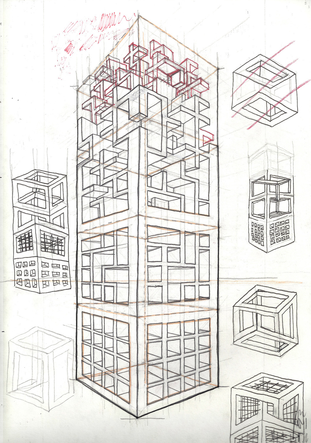 housing estate tower block geometry of living printmaking impossible figure illusion Impossible object rubik's cube cage labirynth sketch etching council estate cranbrook estate