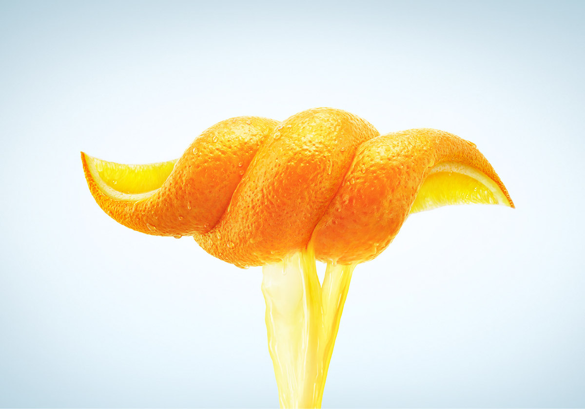 CGI Toronto retoucher digital imaging  artist 3D orange squeeze juice Twist Liquid fluid