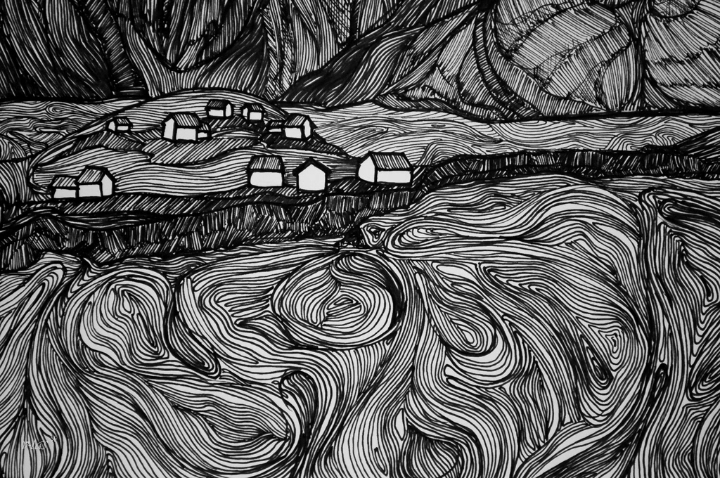 hand made hand drawn Original Titan's Rock sketching artwork art Nature town village water norway Travel Ocean mountain