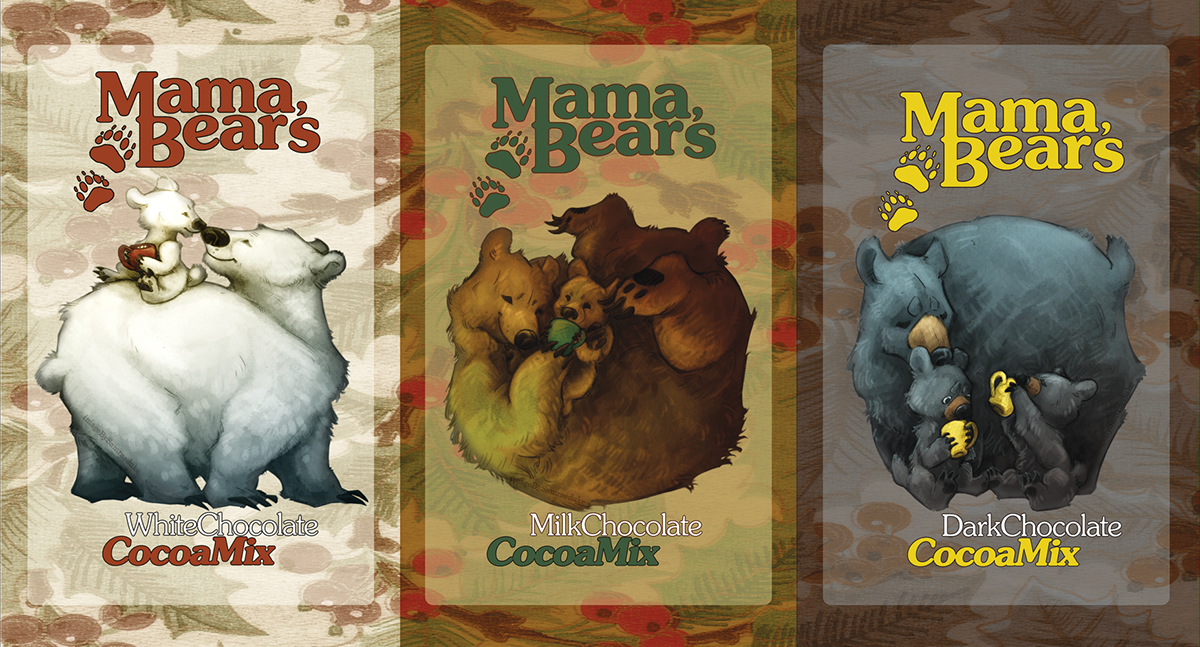 bears Mama Bear baby bears Cocoa label design hot cocoa Kodiak bear Polar Bear Black Bear