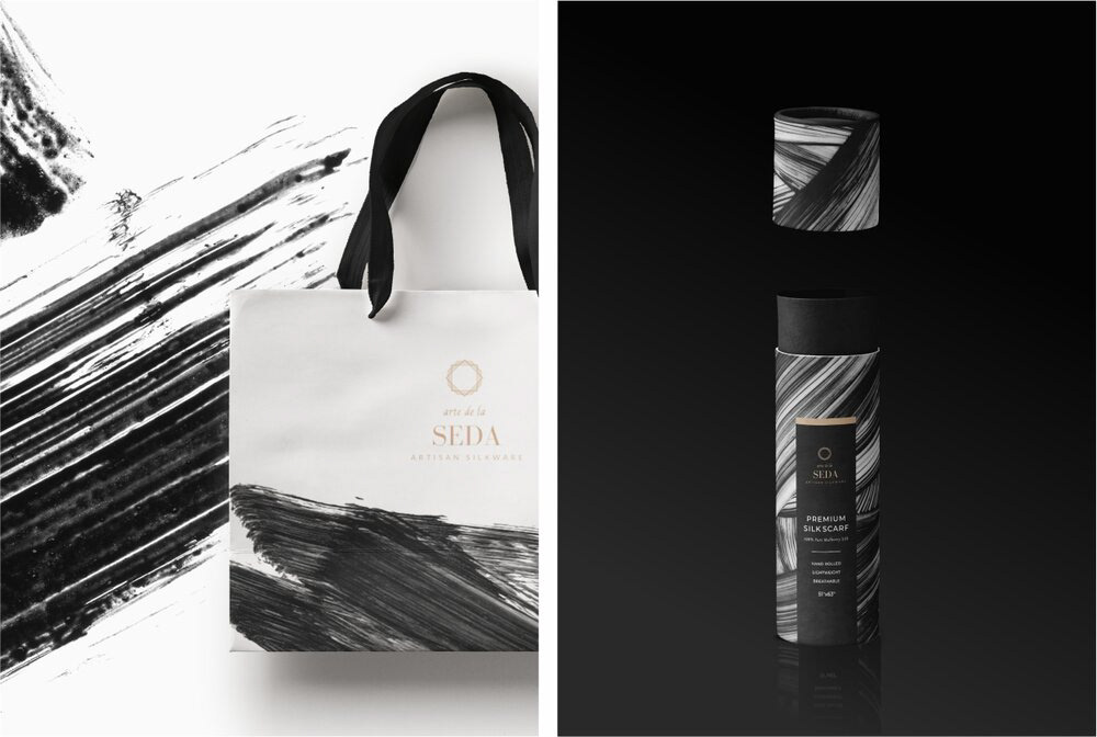 black and white brush stroke eco friendly minimal packaging packaging desig scarf packaging tube pacaging