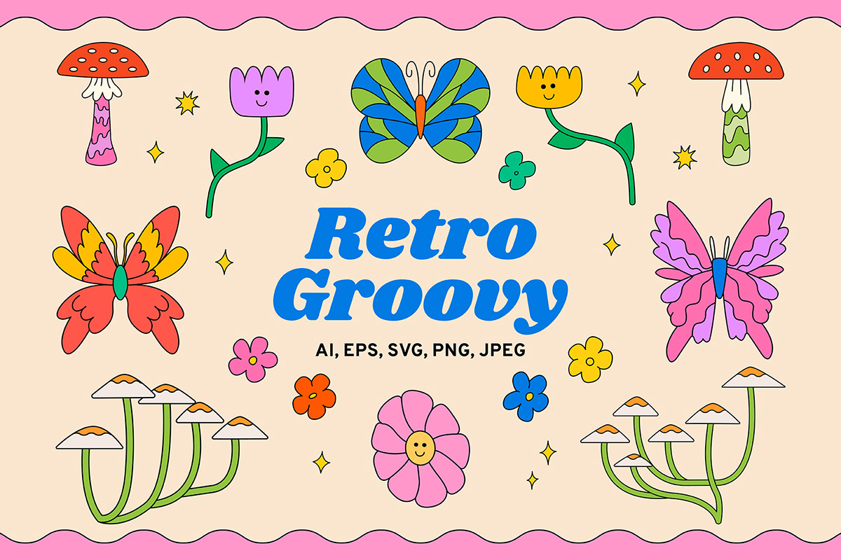 Vector Illustration seamless pattern Retro groovy hippie trippy butterfly mushroom kid core Vector Clipart