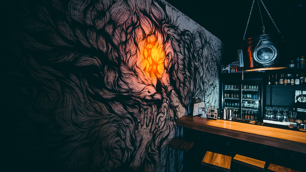 mural art wall restaurant linework Interior decor роспись стены promotes bird fire
