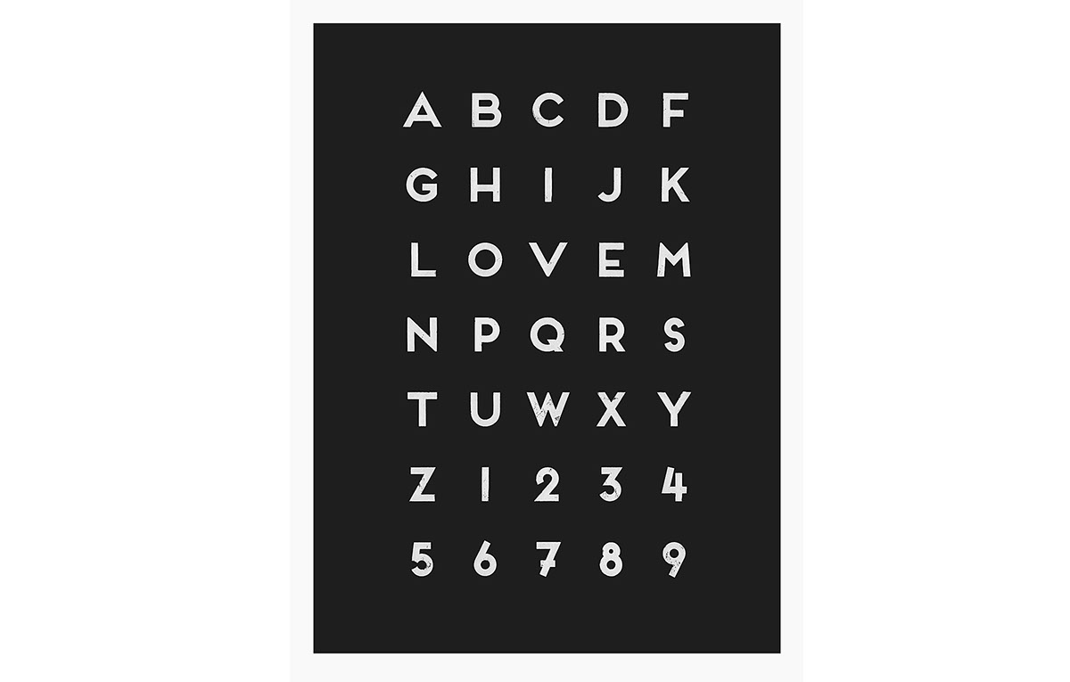 poster color alphabet Numerals Love letter lino cut print design