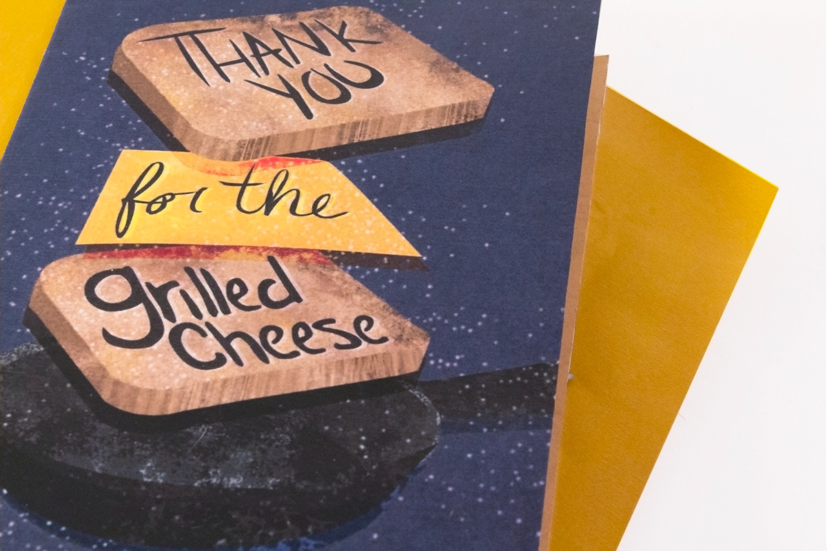 print greetingcard grilledcheese Ashley Earley handdrawntype watercolor ink textures envelope restaurant Food 