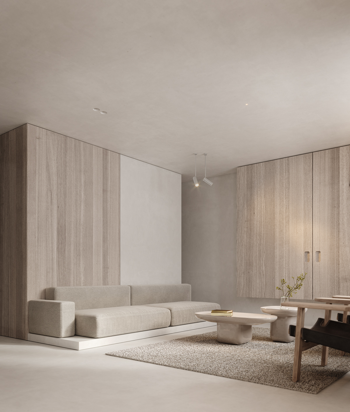 architecture design interior design  minimalist wood plaster living room kitchen