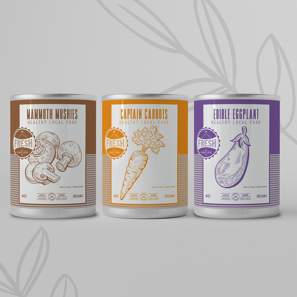 Cans with labels featuring illustrations vegetables. Food packaging and brand identity design. 