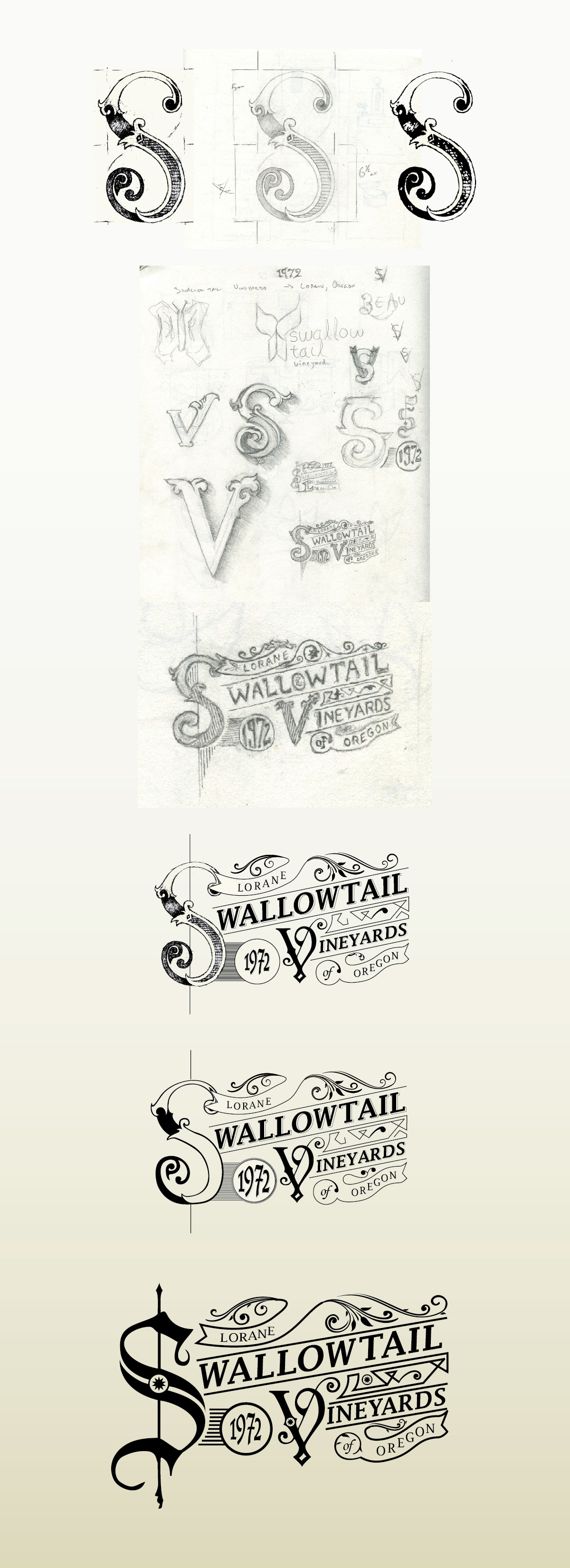 swallowtail Vineyards wine Label logo sketch type vintage Victorian progression