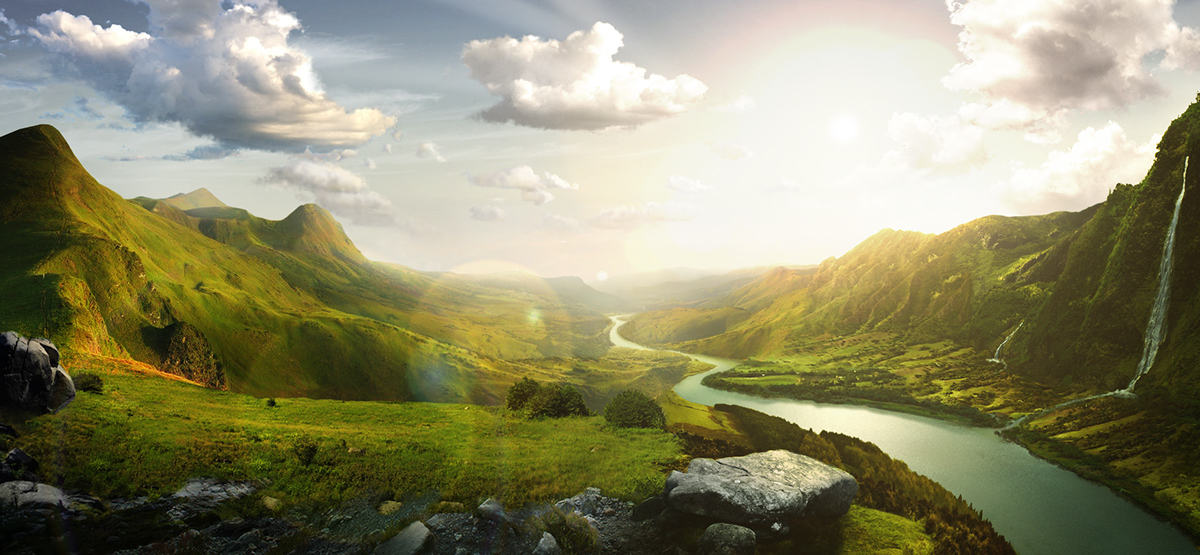 idyllic valley green sunset warm calm pacified river hills mountains yellow Plain panorama
