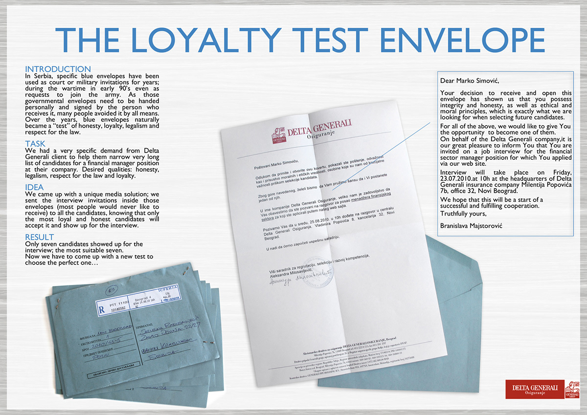 delta generali insurance blue envelope Direct mail notorious envelope loyalty test ad commercial reklama McCann Creative Director