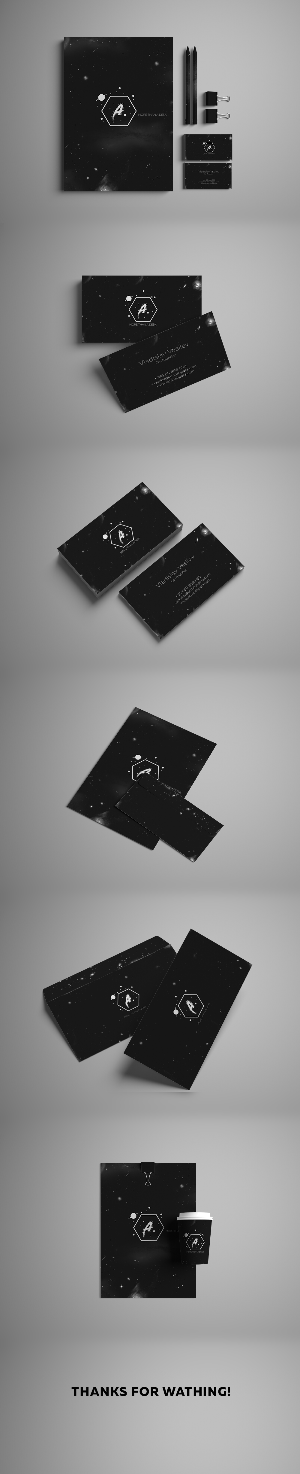branding  Branding Identity atmosphera Dark Design Space  galaxy Business Cards letterhead envelope product design 