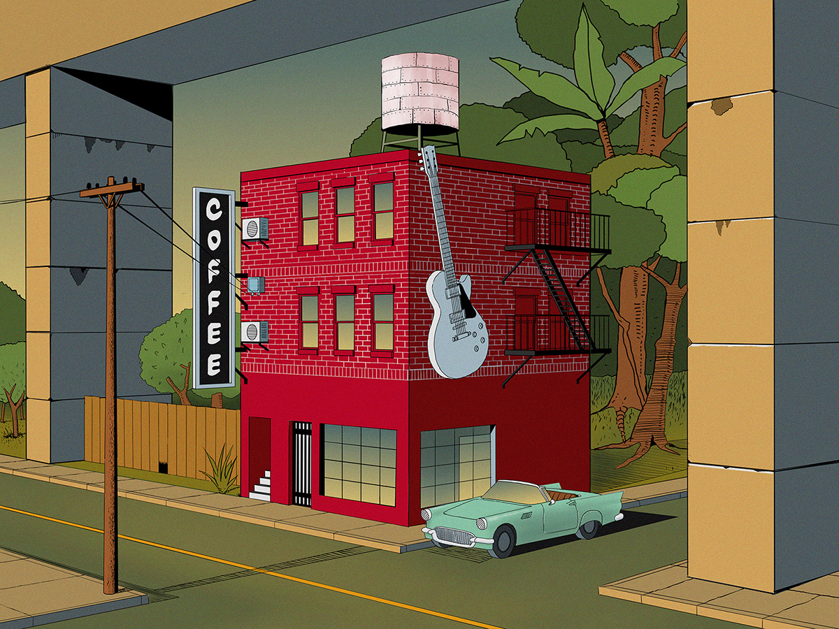 car coffee shop comic guitar house Illustraion Illustrator Street wacom Drawing 