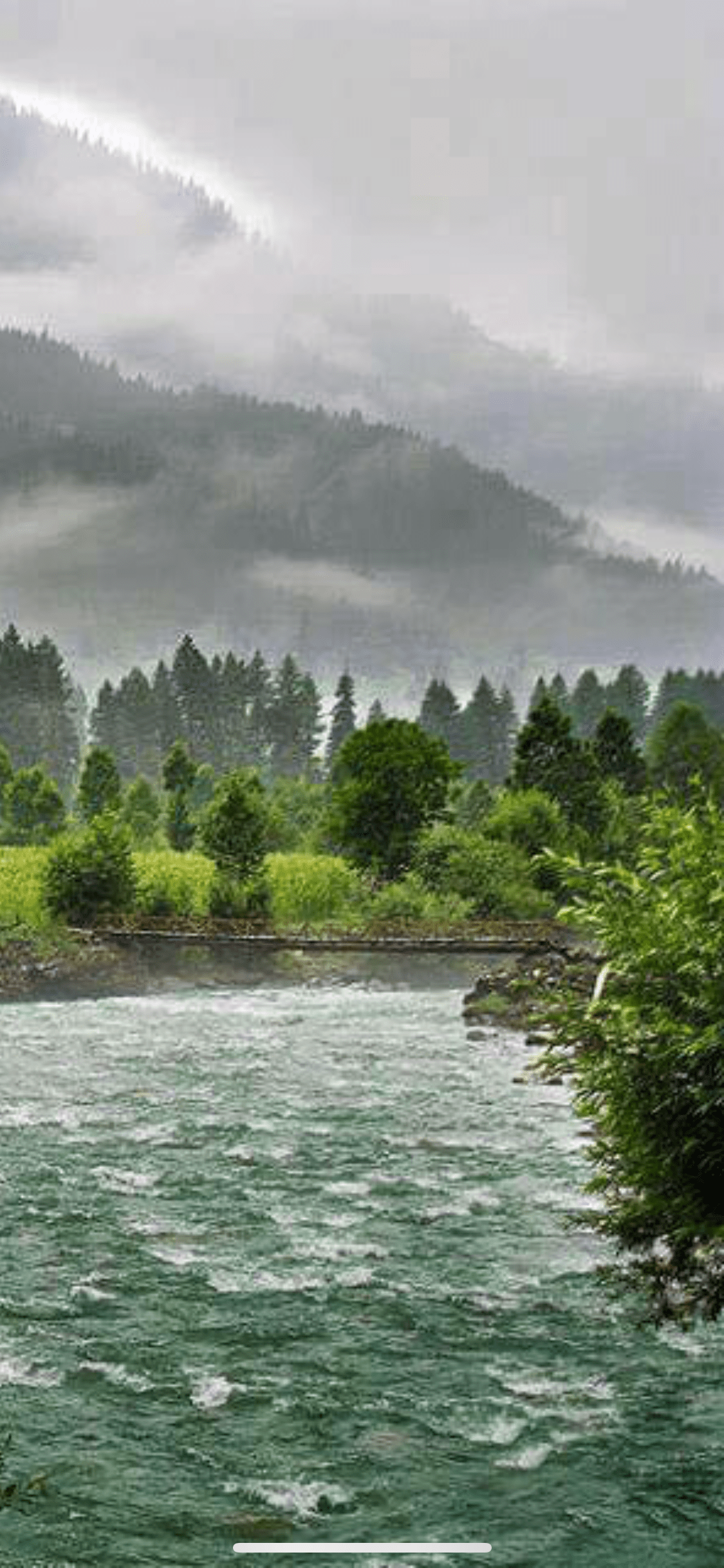 greenery hut mountains river trees