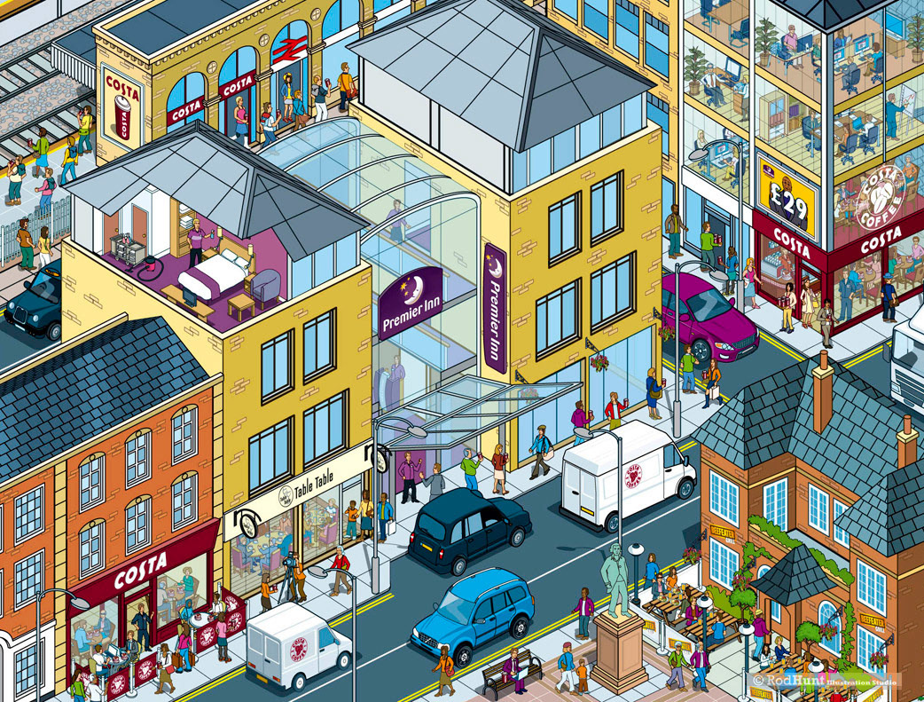 Illustrator Pixel art vector art vector artist new media rod hunt Isometric cityscape Wimmelbild city