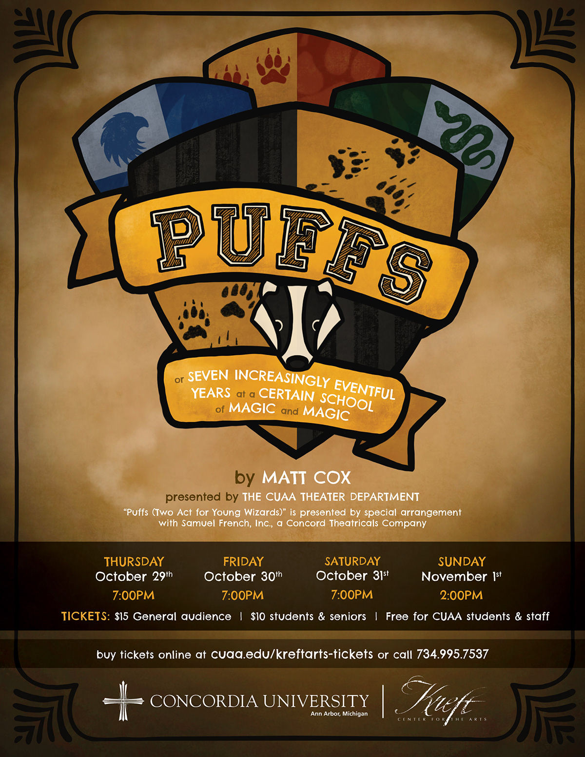 Illustrated Puffs poster showing the four house shields complete with house animals and colors.