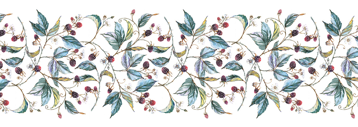 watercolor watercolour natural botanical pattern textile print berry blackberry design